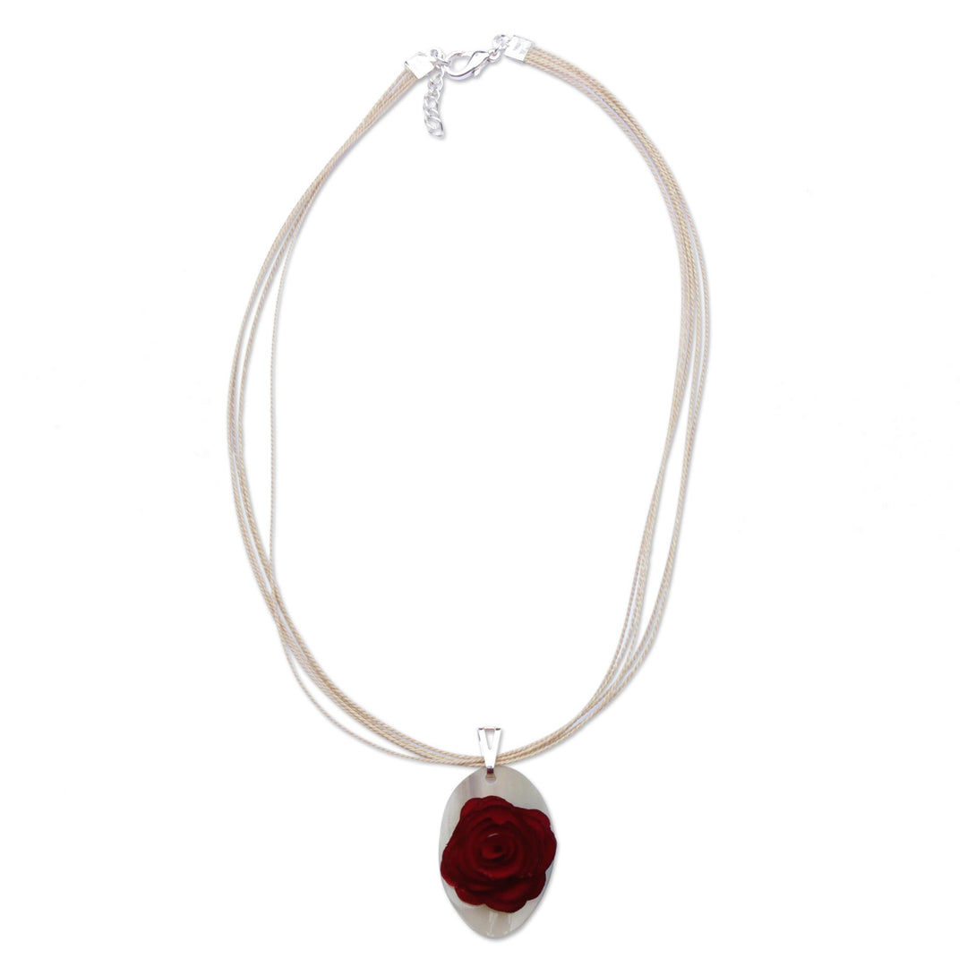 Oval Eucalyptus Wood and Horn Floral Pendant Necklace - Rose Oval