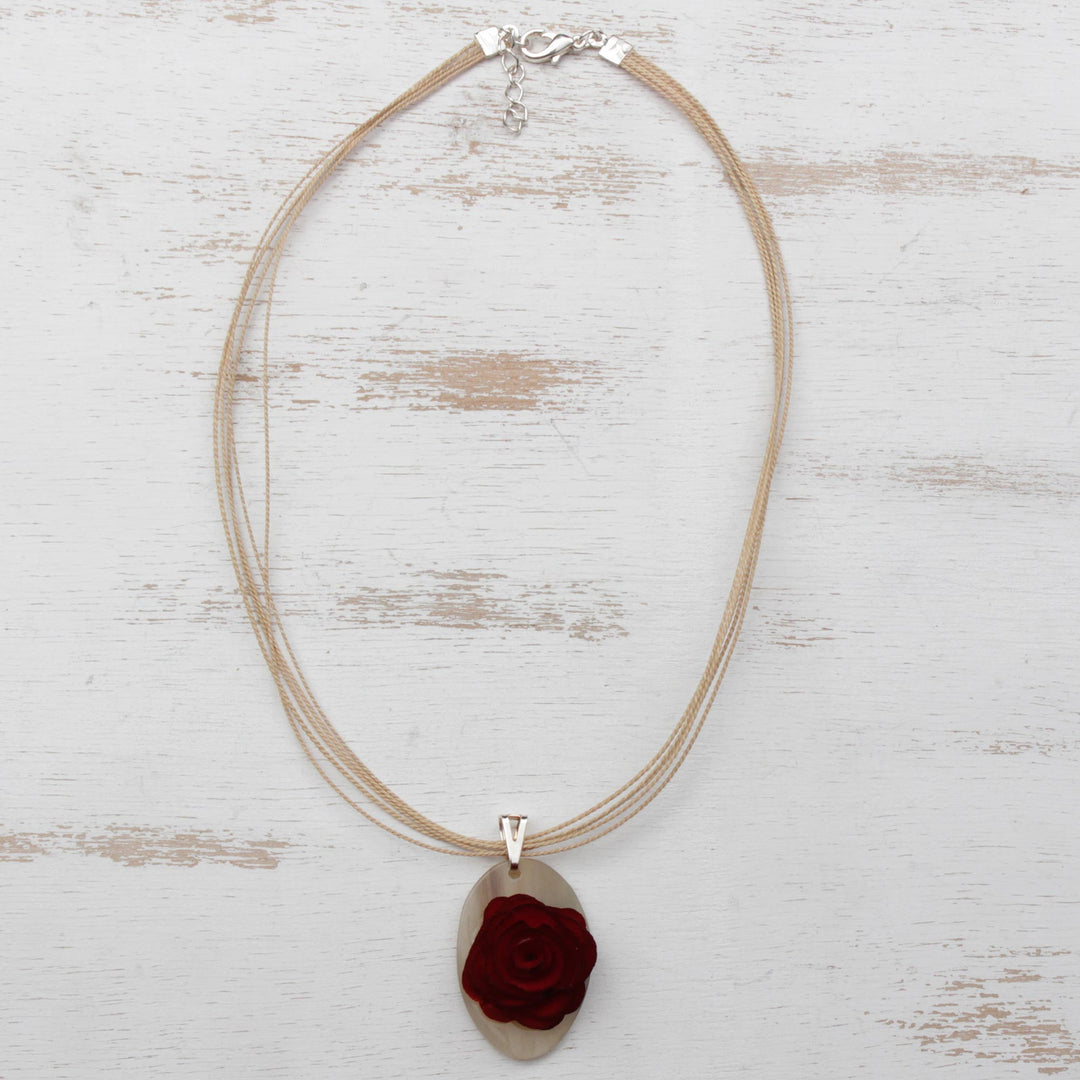 Oval Eucalyptus Wood and Horn Floral Pendant Necklace - Rose Oval