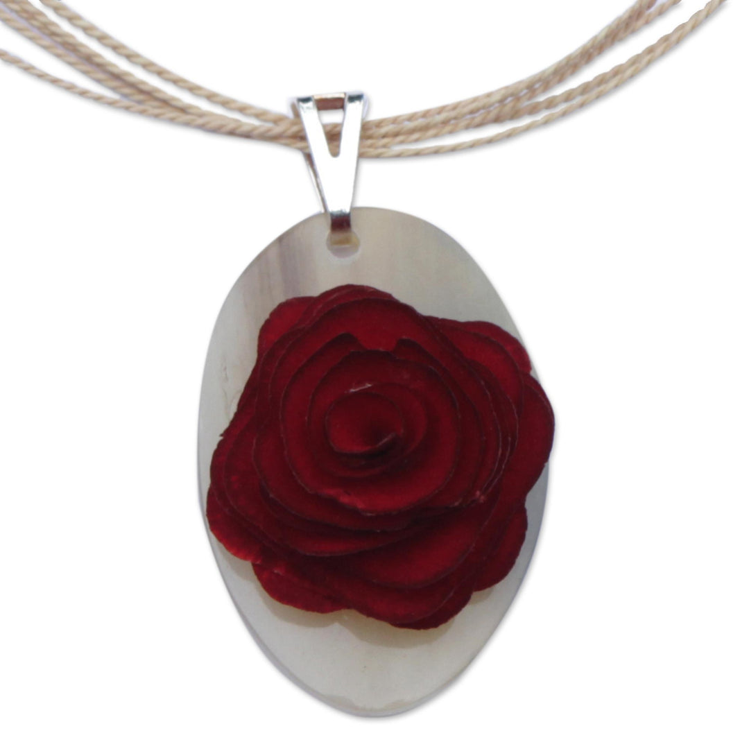 Oval Eucalyptus Wood and Horn Floral Pendant Necklace - Rose Oval