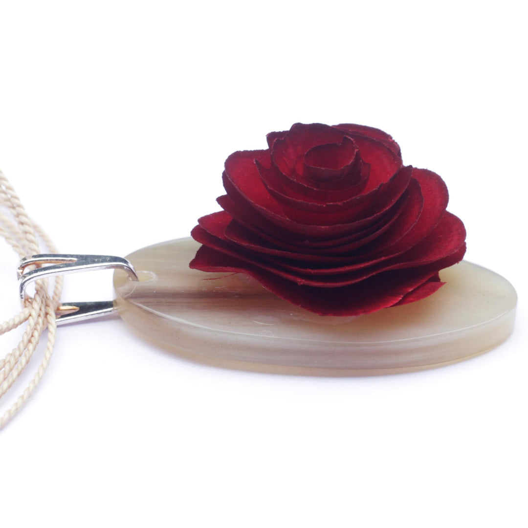 Oval Eucalyptus Wood and Horn Floral Pendant Necklace - Rose Oval