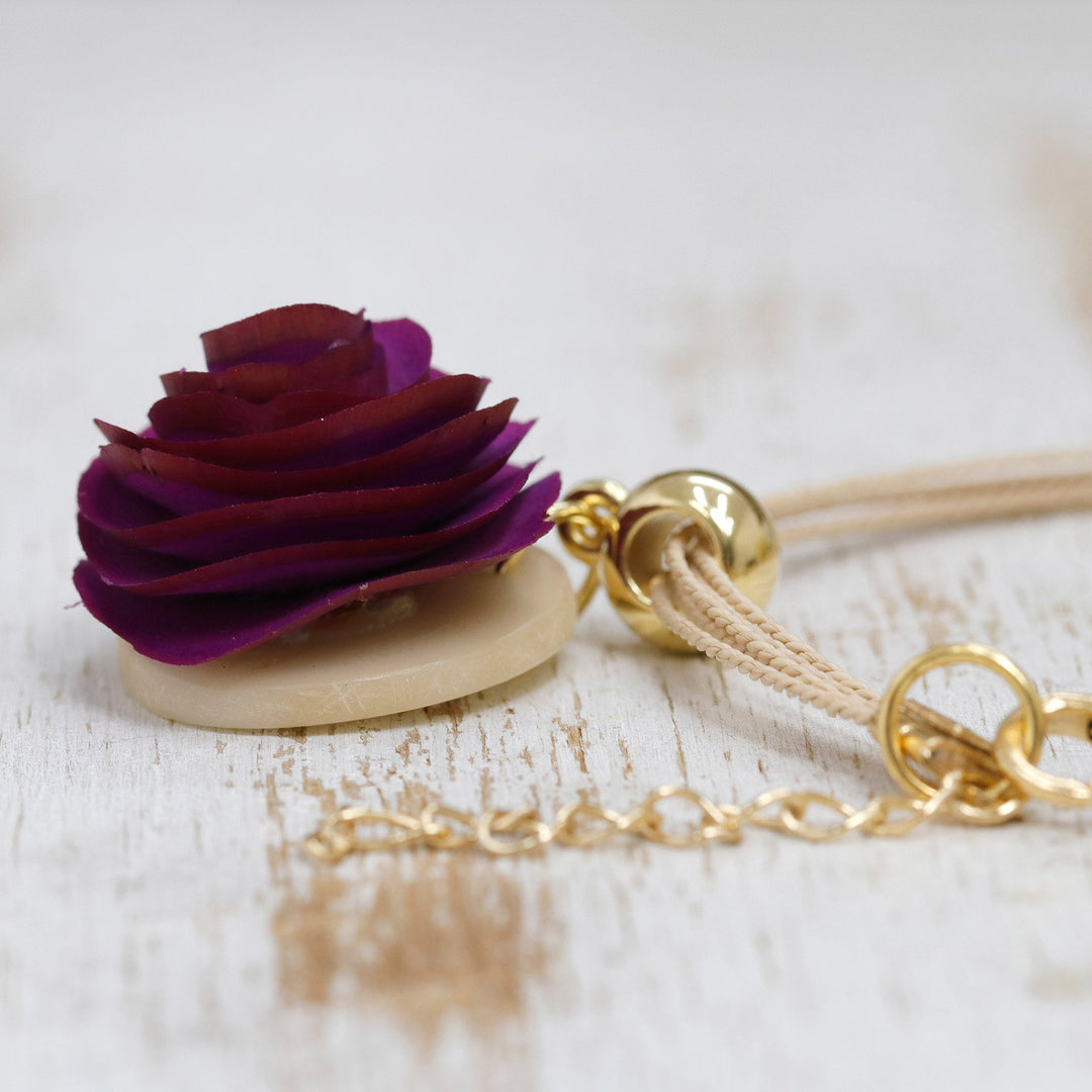 Handmade Wood & Horn Rose Pendant Bracelet with Gold Accent - Rose Felicity