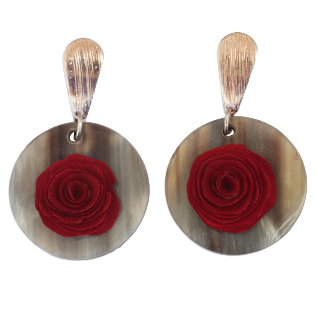 Gold Accent Wood and Horn Rose Dangle Earrings from Brazil - Floral Touch