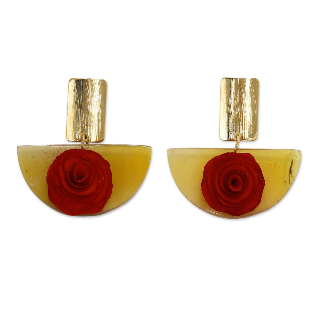 18k Gold-Accented Wood and Horn Rose Dangle Earrings - Rose Luxury