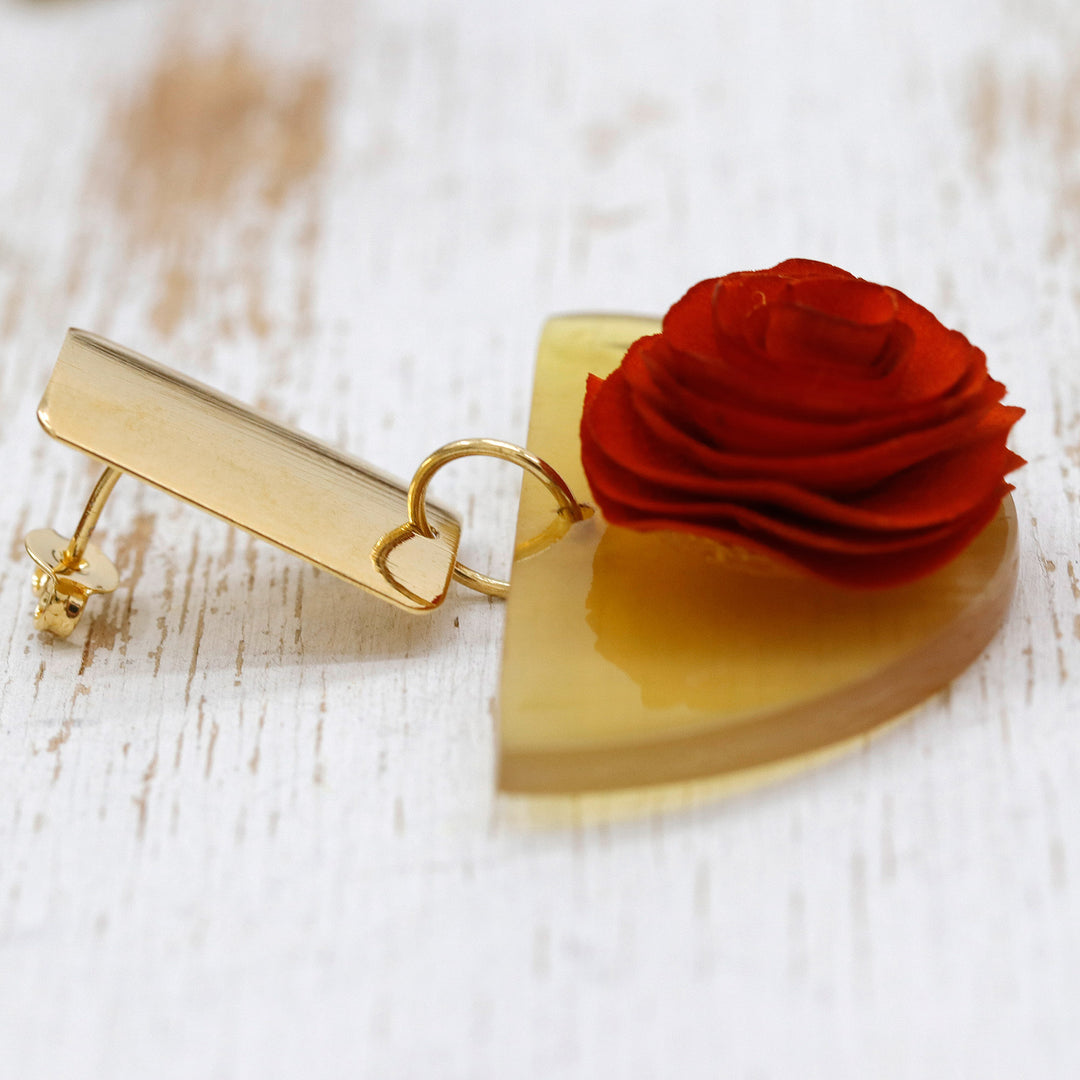 18k Gold-Accented Wood and Horn Rose Dangle Earrings - Rose Luxury