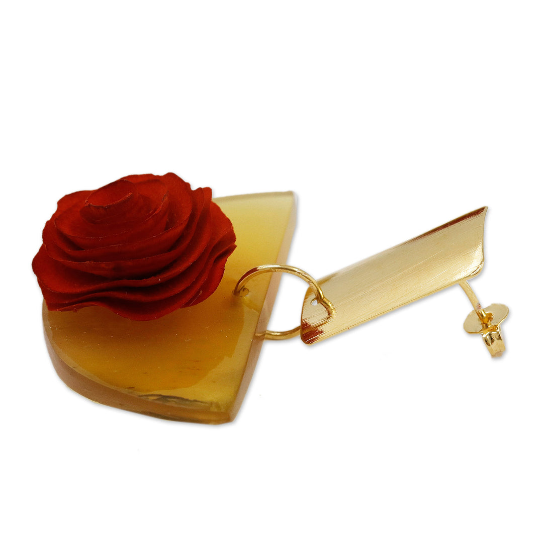 18k Gold-Accented Wood and Horn Rose Dangle Earrings - Rose Luxury