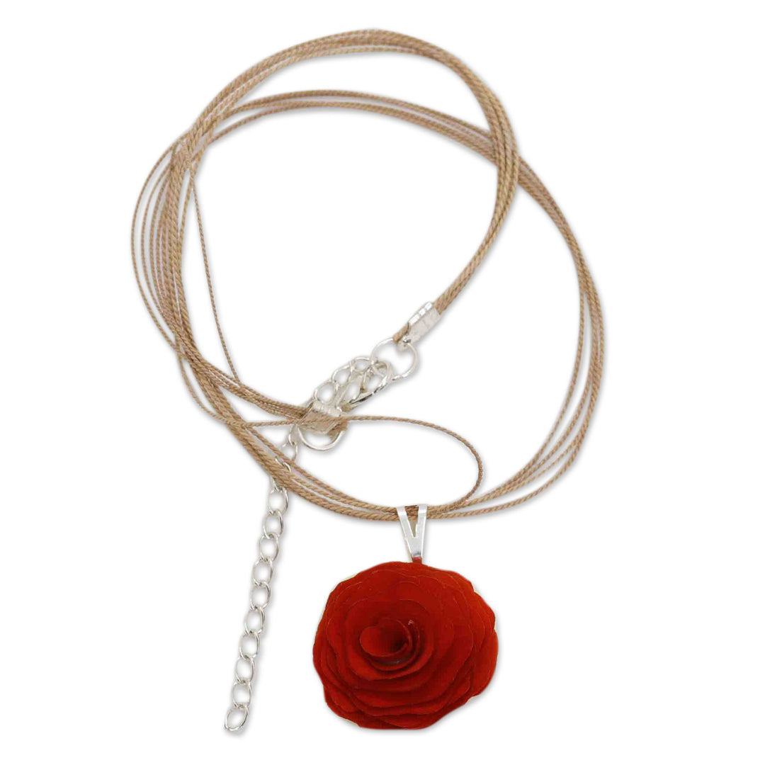 Hand-Carved Wood and Horn Orange Rose Pendant Necklace - Rose Splendor