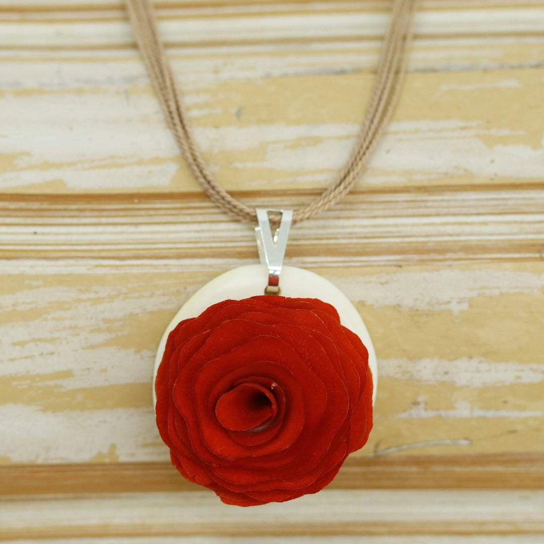 Hand-Carved Wood and Horn Orange Rose Pendant Necklace - Rose Splendor