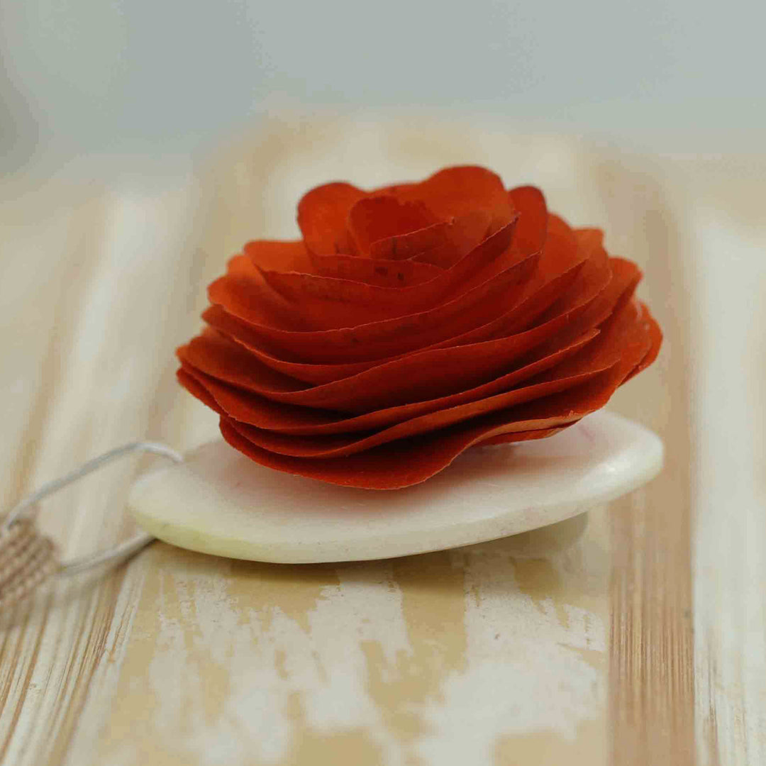Hand-Carved Wood and Horn Orange Rose Pendant Necklace - Rose Splendor