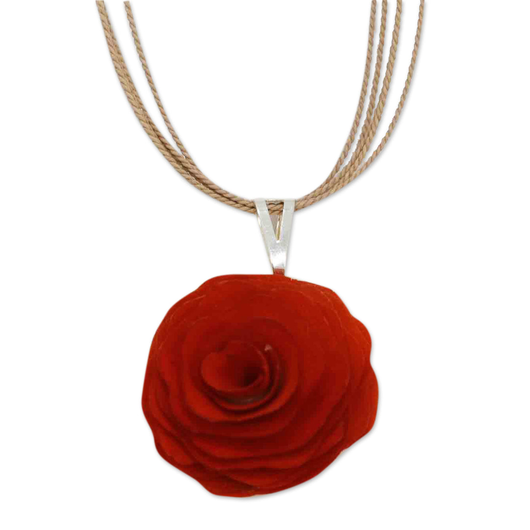 Hand-Carved Wood and Horn Orange Rose Pendant Necklace - Rose Splendor