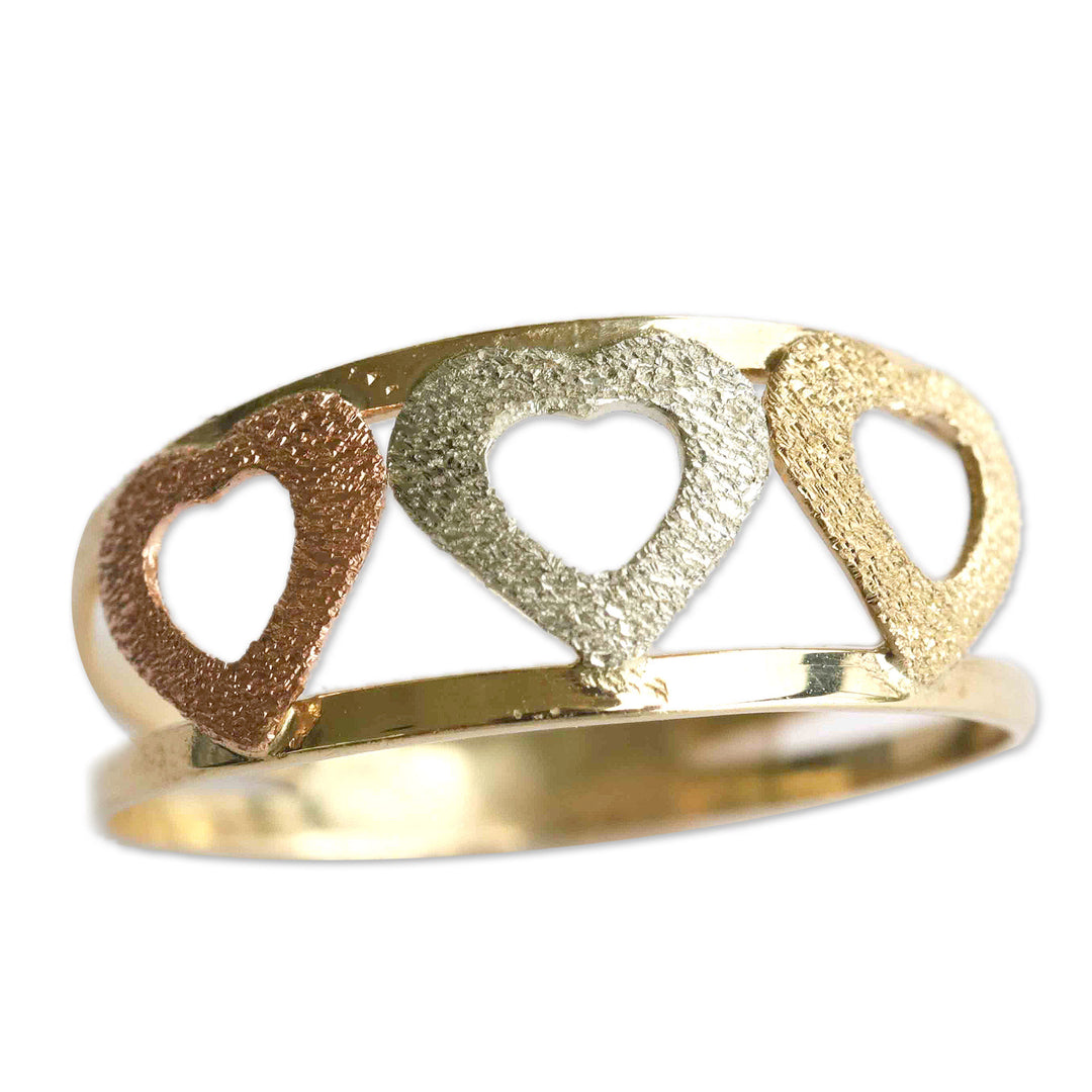 Heart Motif 10k Gold Band Ring from Brazil - Tricolor Hearts