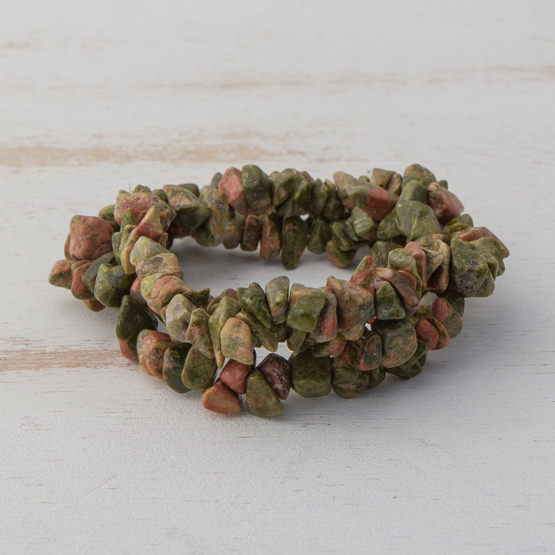 Unakite Chip Beaded Stretch Bracelets from Brazil (Set of 3) - Rosy Sage Trio