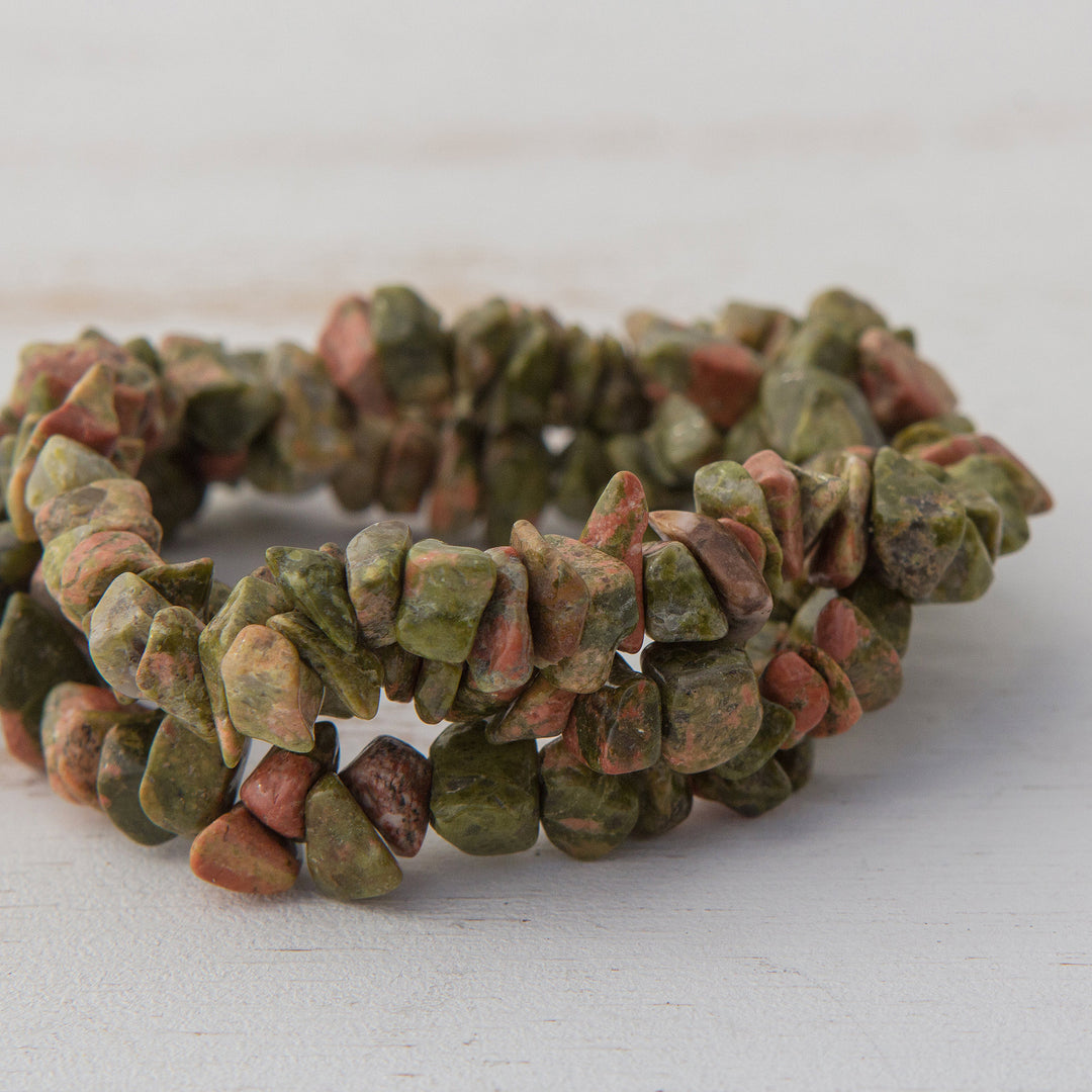 Unakite Chip Beaded Stretch Bracelets from Brazil (Set of 3) - Rosy Sage Trio