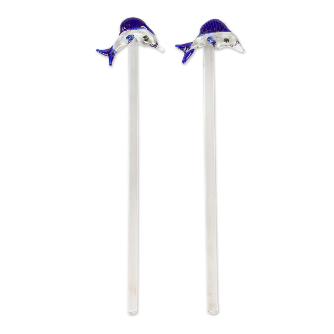 Marlin-Themed Handblown Recycled Glass Drink Stirrers (Pair) - Marlin Cheers