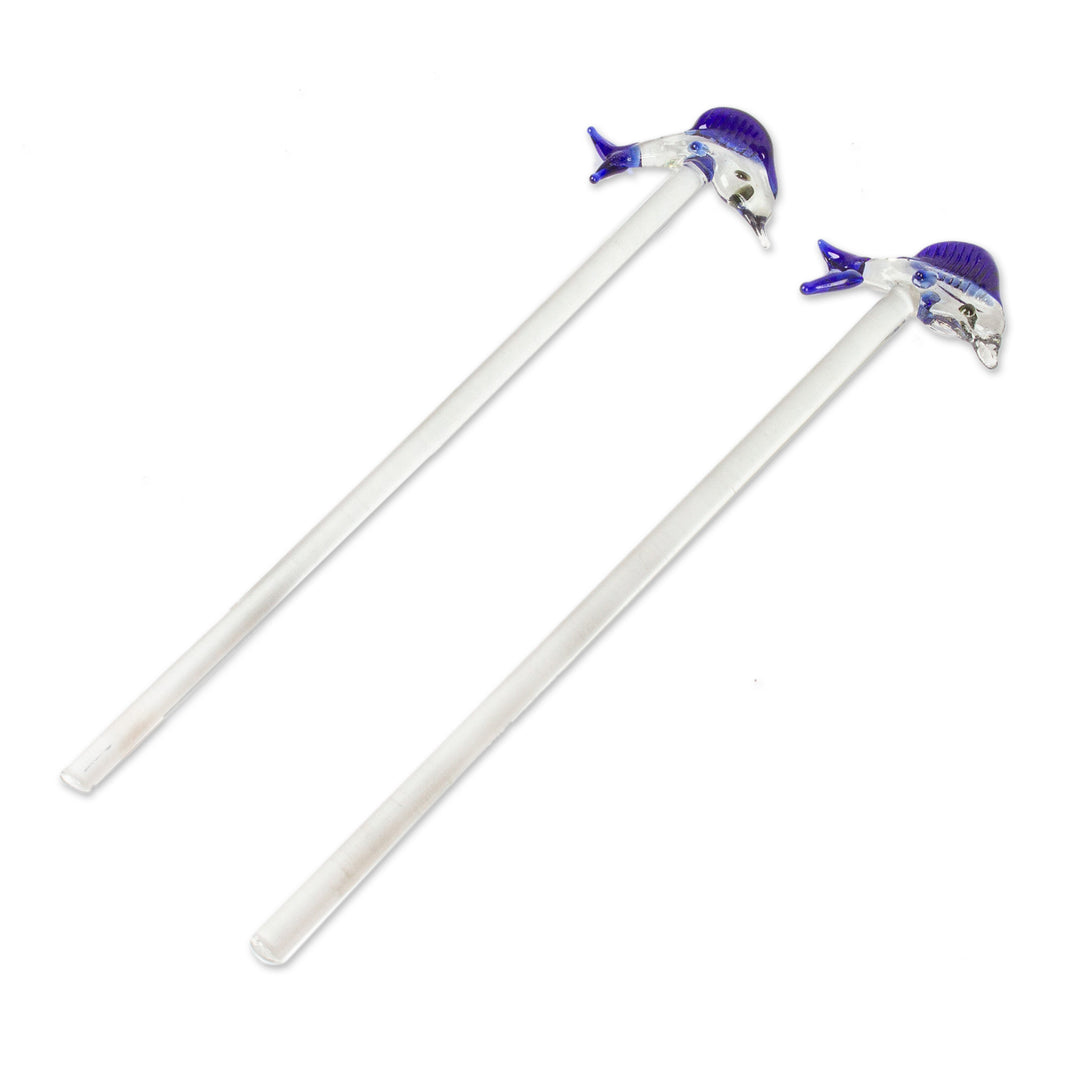 Marlin-Themed Handblown Recycled Glass Drink Stirrers (Pair) - Marlin Cheers