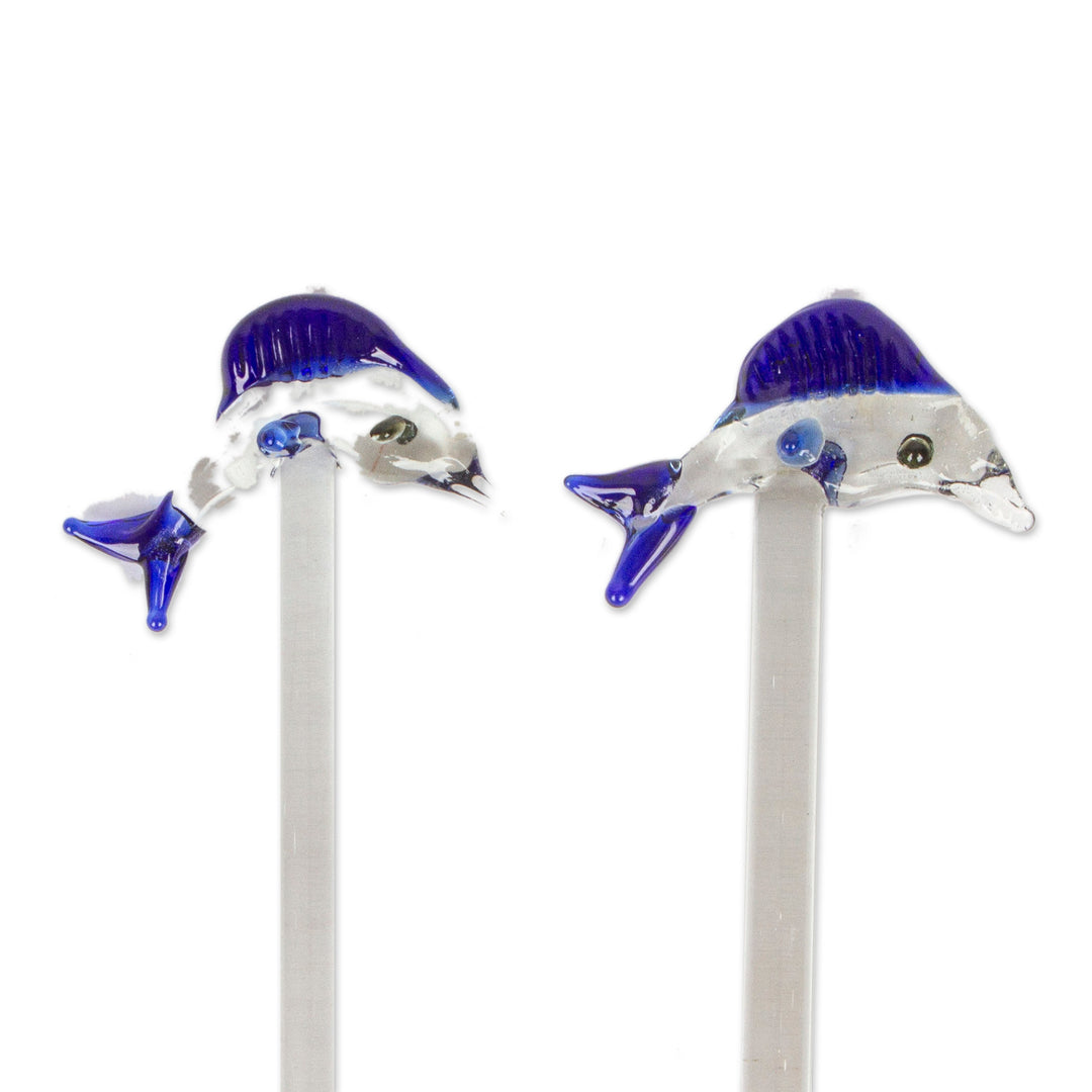 Marlin-Themed Handblown Recycled Glass Drink Stirrers (Pair) - Marlin Cheers