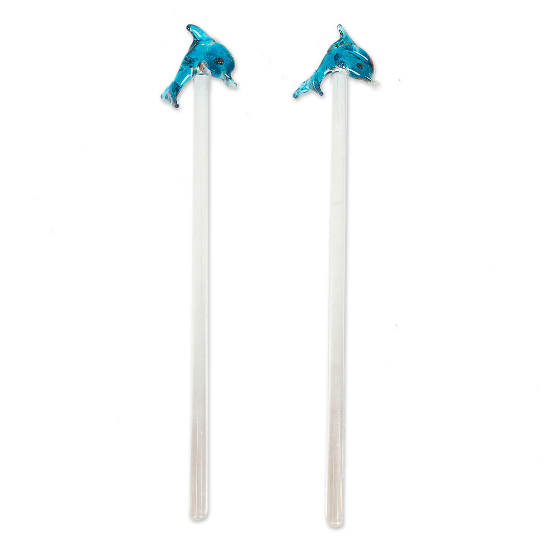 2 Handblown Recycled Glass Drink Stirrers with Dolphin Theme - Dolphin Cheers
