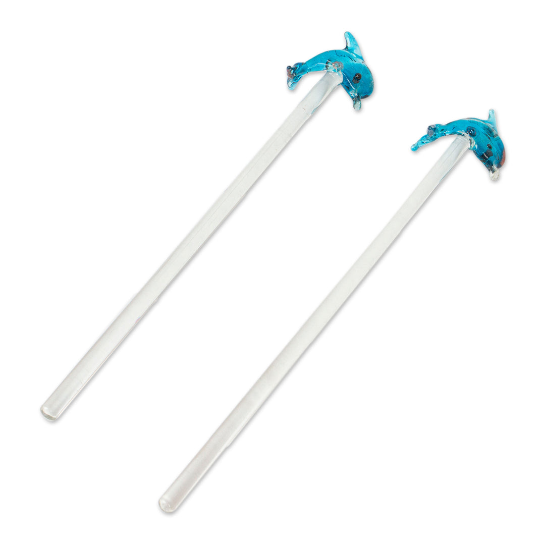 2 Handblown Recycled Glass Drink Stirrers with Dolphin Theme - Dolphin Cheers