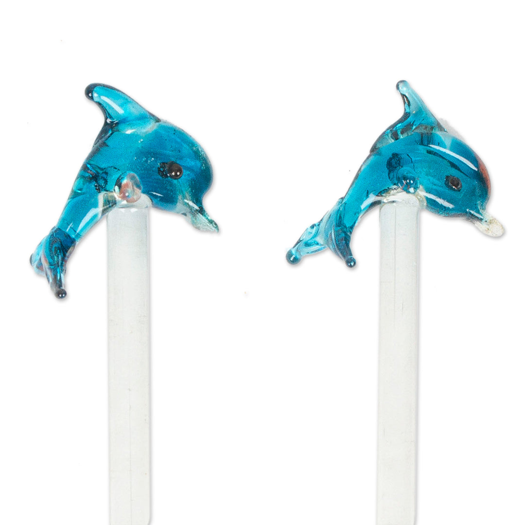 2 Handblown Recycled Glass Drink Stirrers with Dolphin Theme - Dolphin Cheers