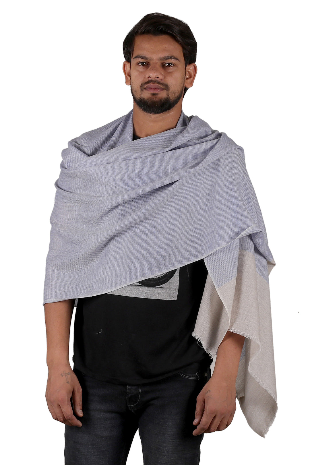 Blue Grey Patterned Unisex Wool and Silk Blend Shawl - Soothing Elegance in Blue