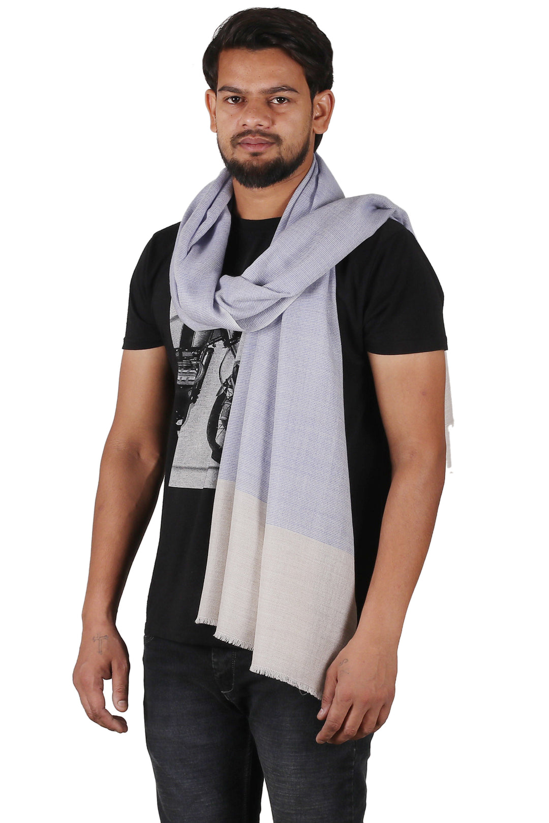 Blue Grey Patterned Unisex Wool and Silk Blend Shawl - Soothing Elegance in Blue