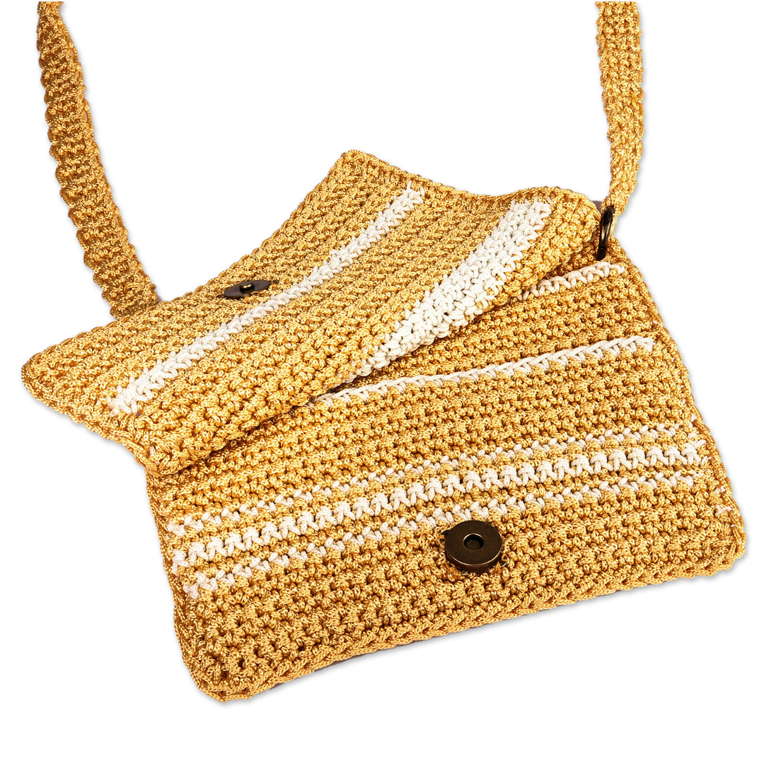 Crocheted Striped Sling Bag in Yellow and Ivory from Armenia - Lively Companion