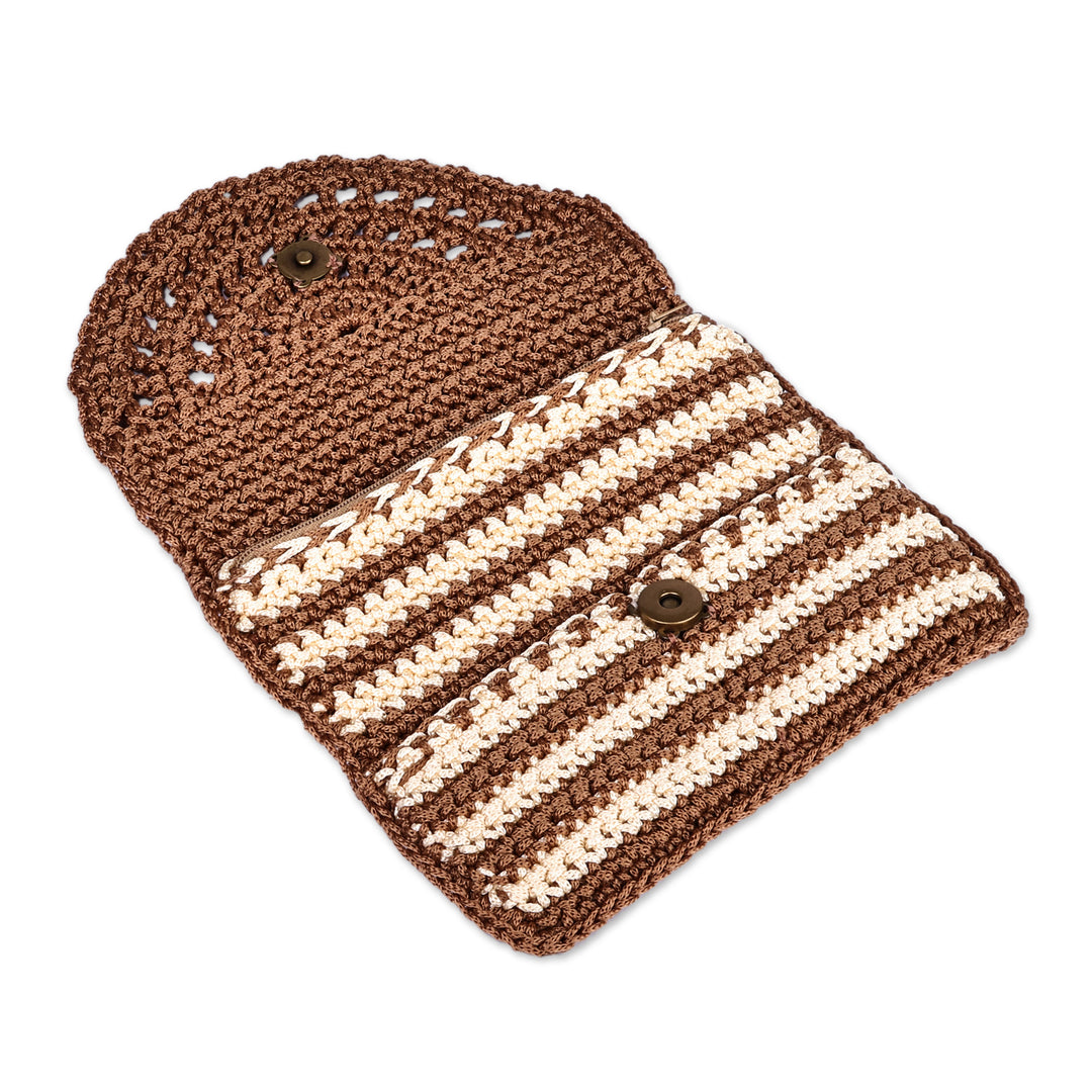 Crocheted Striped Clutch and Handle Bag in Brown and Ivory - Trendy Elegance
