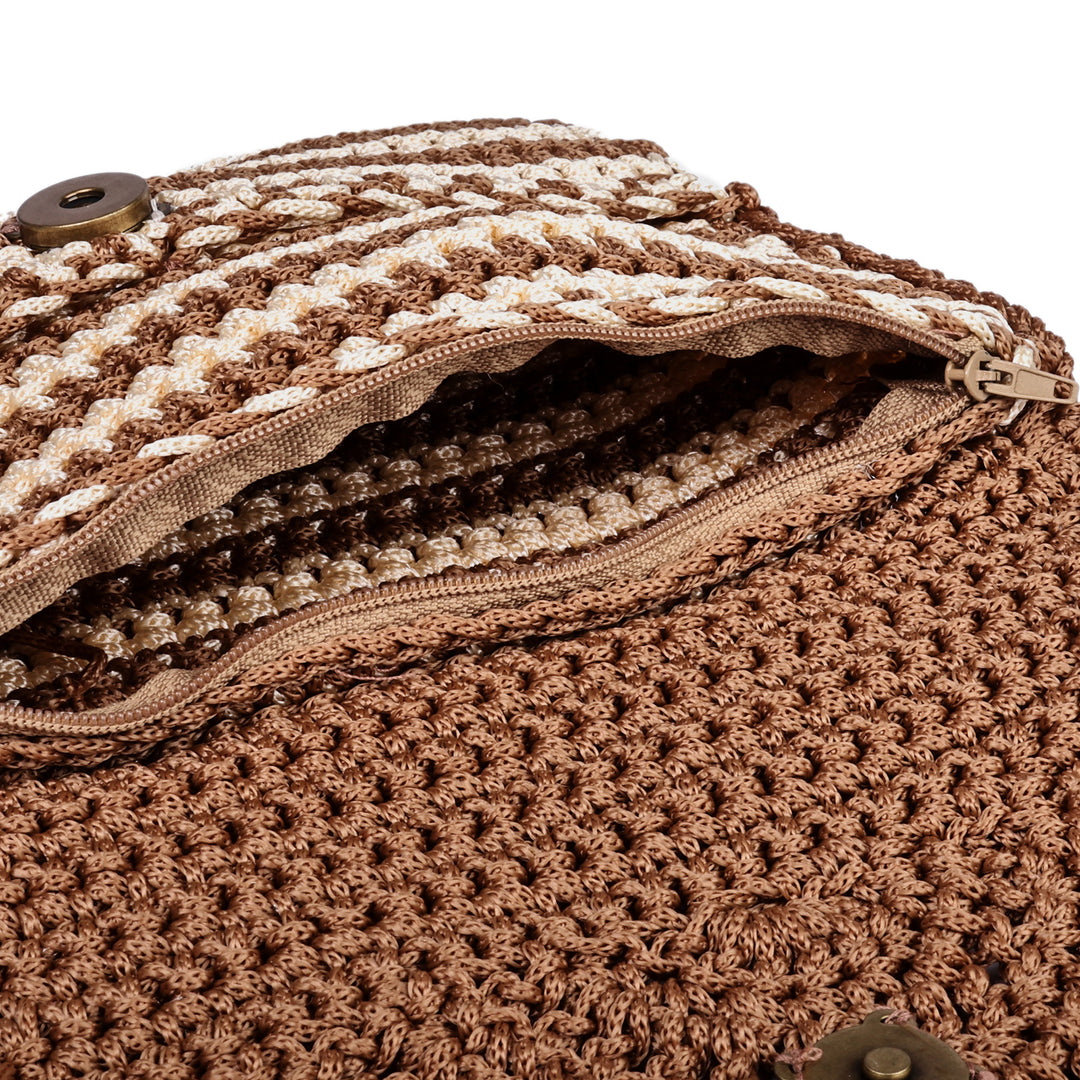 Crocheted Striped Clutch and Handle Bag in Brown and Ivory - Trendy Elegance