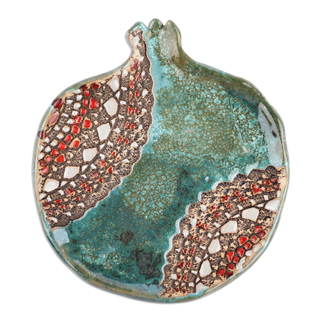 Pomegranate-Shaped Green and Red Ceramic Dessert Plate - Nature's Prophecy
