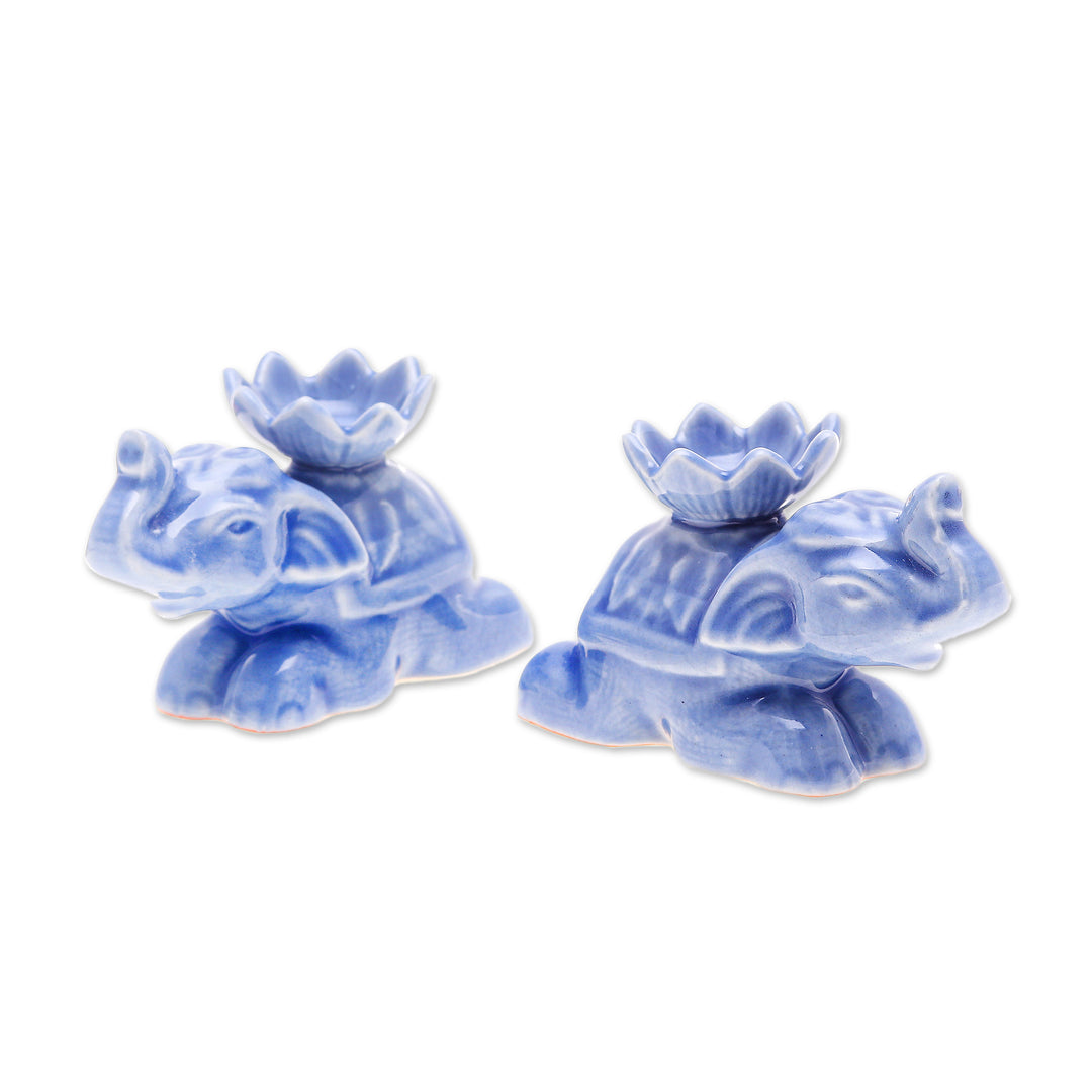 Pair of Blue Celadon Ceramic Elephant Incense Holders - Blue Pachyderm Beauty