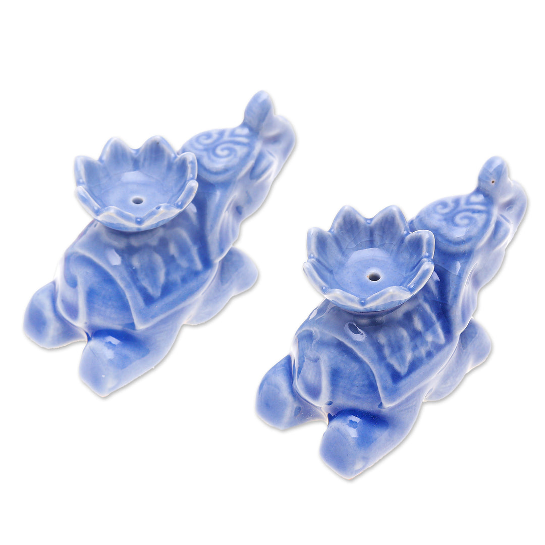 Pair of Blue Celadon Ceramic Elephant Incense Holders - Blue Pachyderm Beauty
