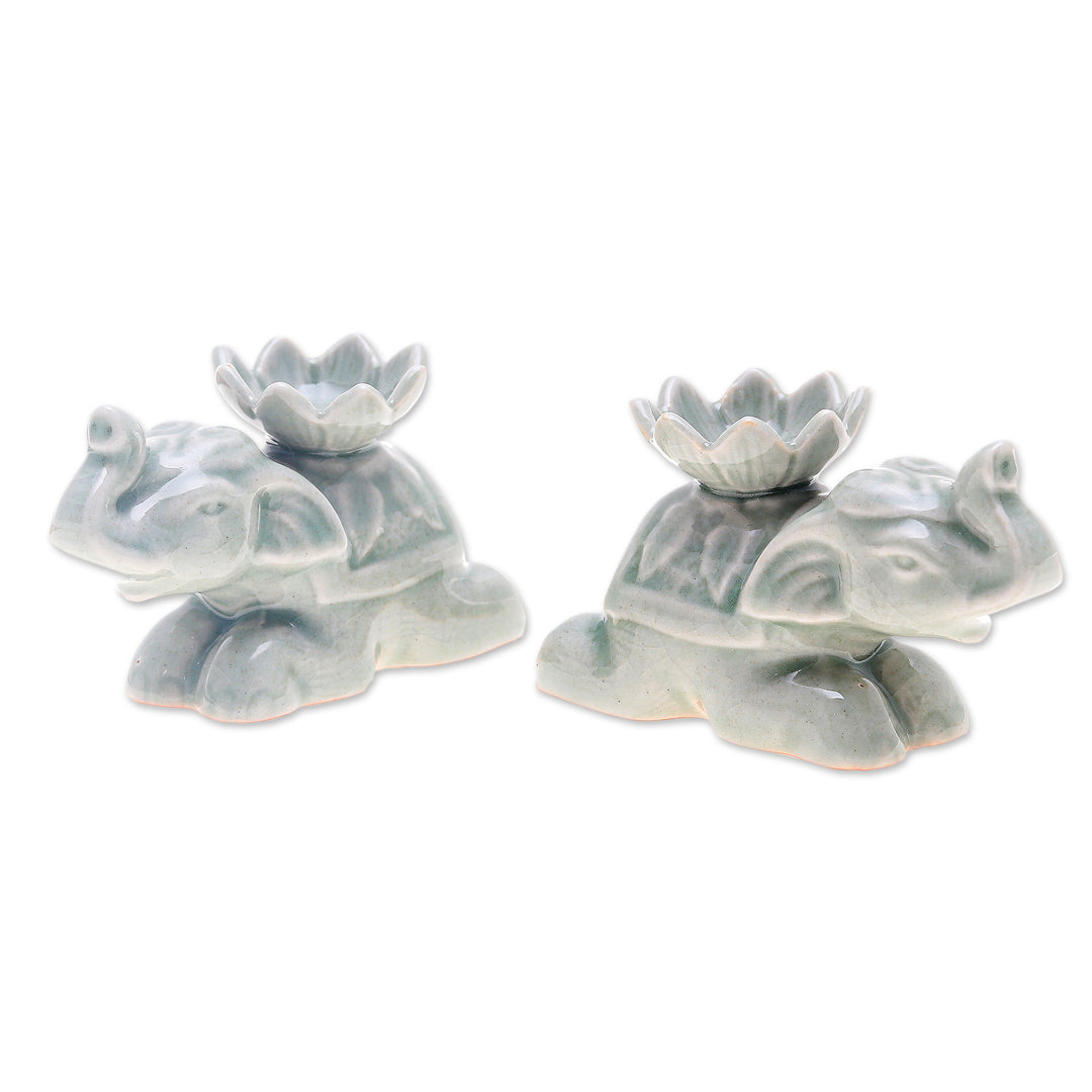 2 Elephant-Shaped Green Celadon Ceramic Incense Holders - Green Pachyderm Beauty