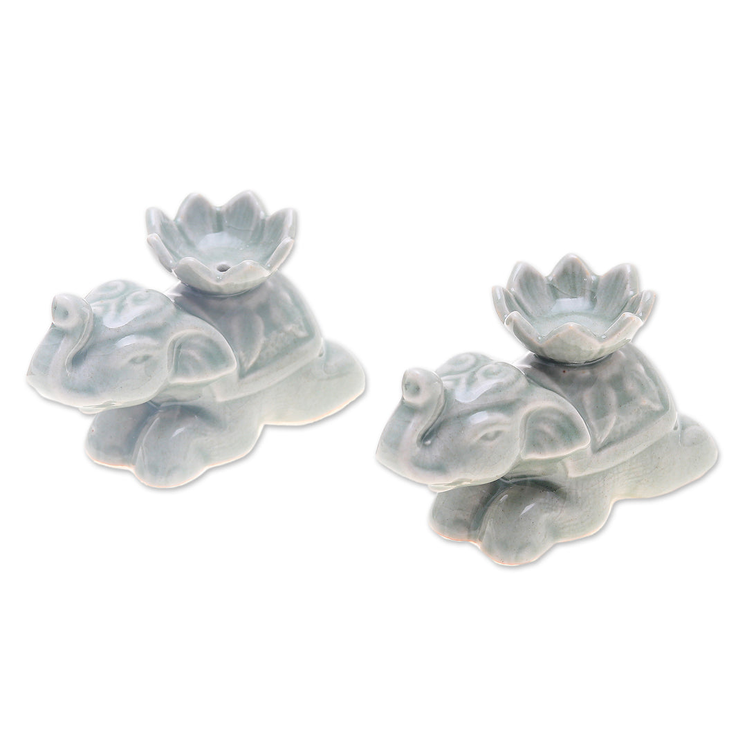 2 Elephant-Shaped Green Celadon Ceramic Incense Holders - Green Pachyderm Beauty