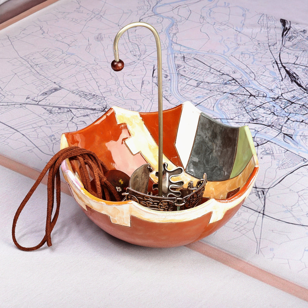 Hand-Painted Glazed Ceramic Umbrella Jewelry Stand Catchall - Burgundy Boulevard