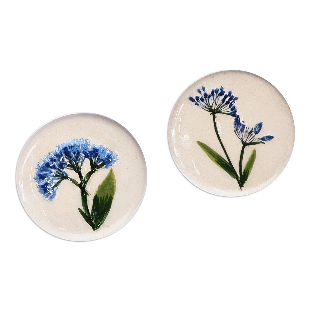 Two Hand-Painted Ceramic Magnets with Blue Flower Motifs - Blue Blooms