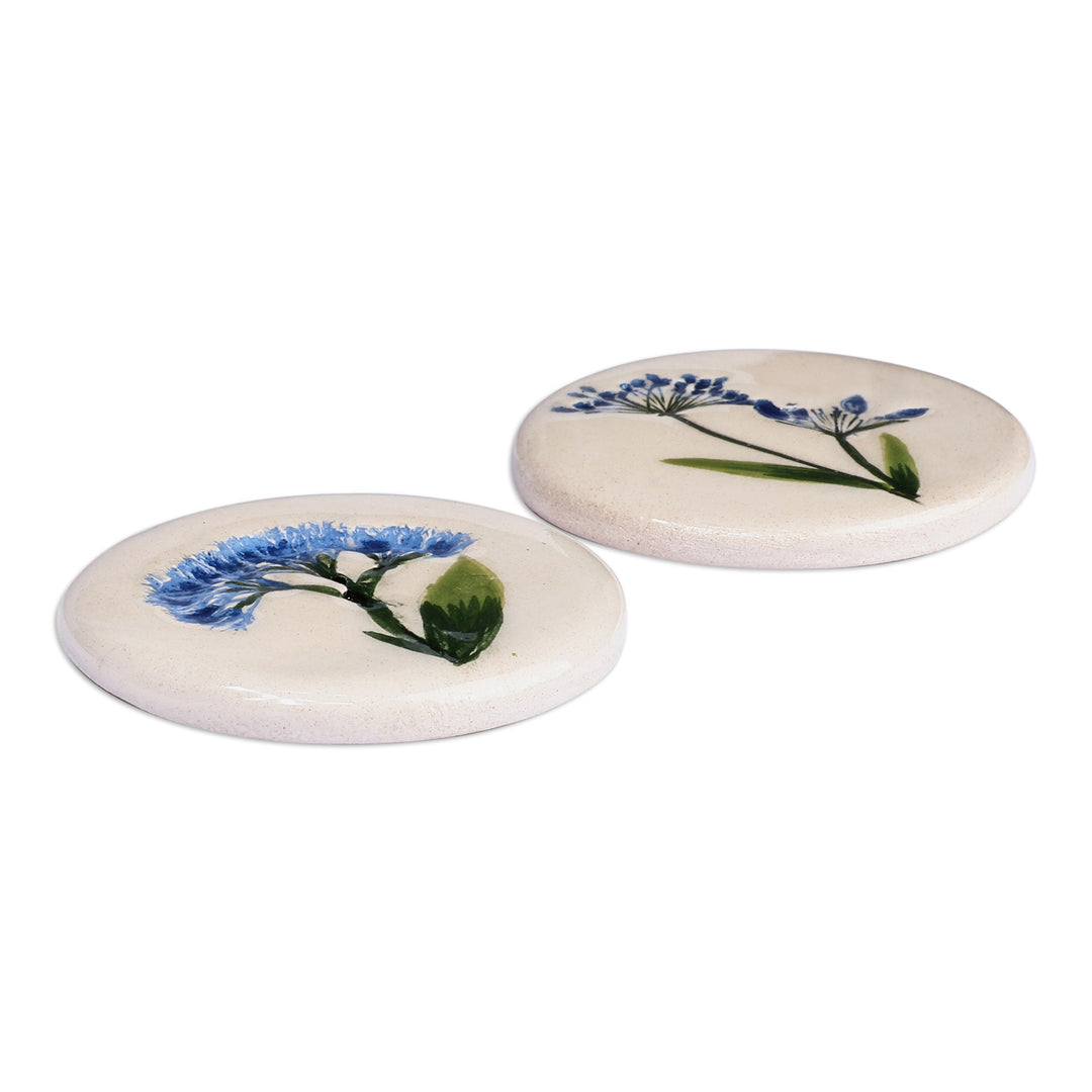 Two Hand-Painted Ceramic Magnets with Blue Flower Motifs - Blue Blooms