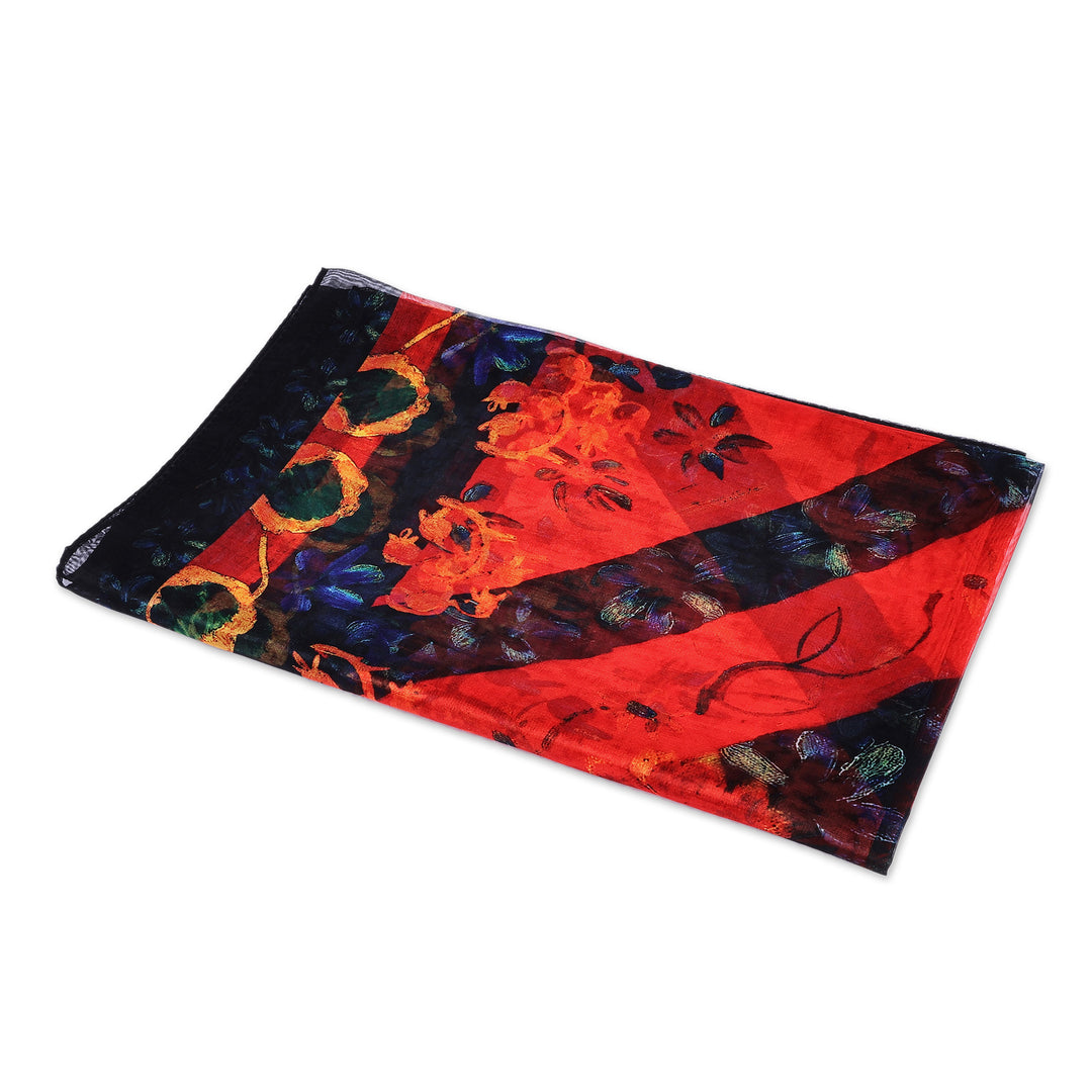 Floral Red and Blue Hand-Painted Sheer Silk Chiffon Scarf - Passionate Dream