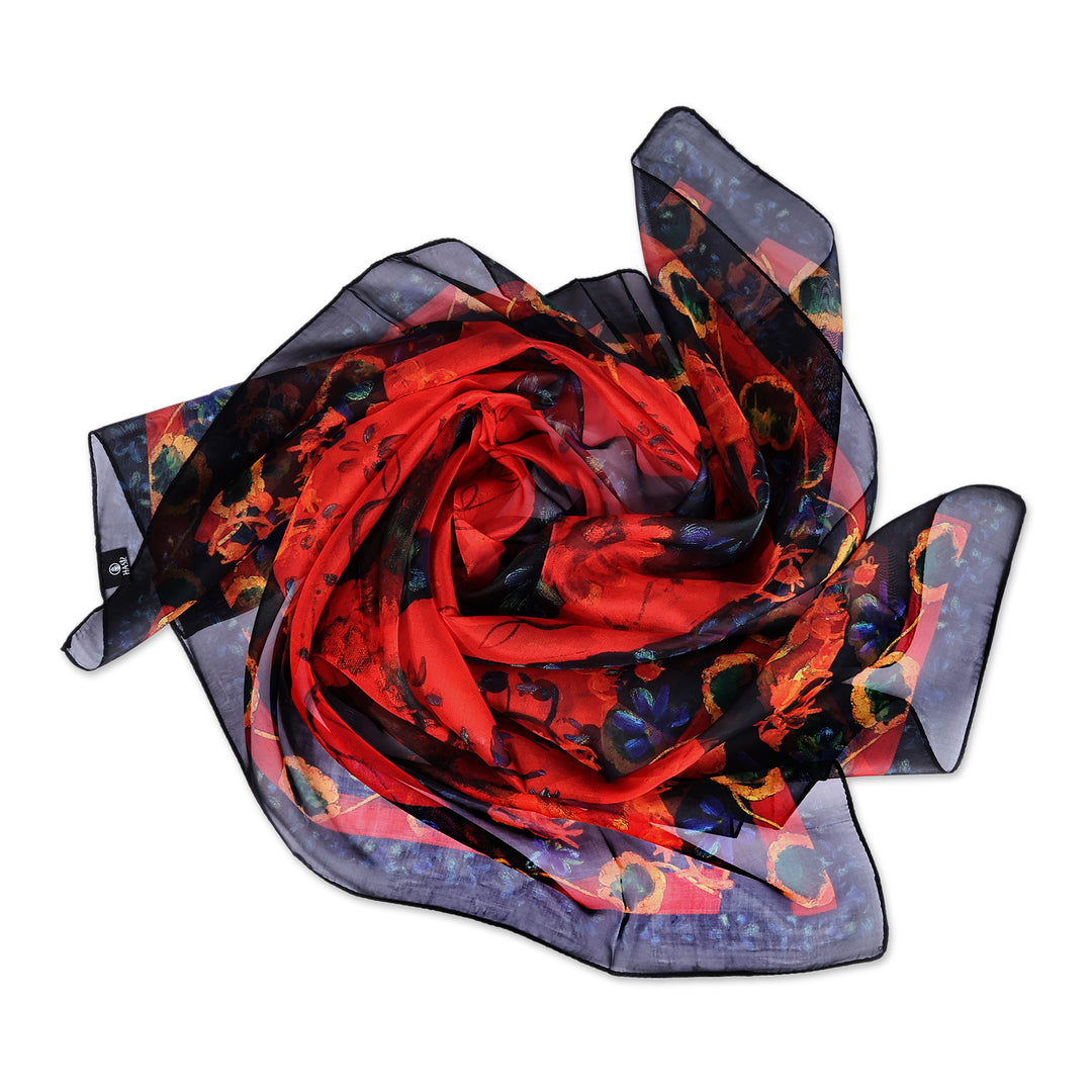 Floral Red and Blue Hand-Painted Sheer Silk Chiffon Scarf - Passionate Dream