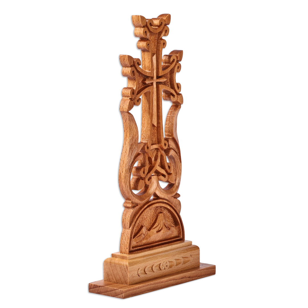 Nature-Themed Hand-Carved Folk Art Beechwood Cross - Mountain of Faith