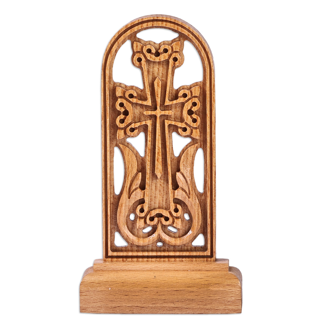 Hand-Carved Beech Wood Cross Sculpture from Armenia - Portal to Faith