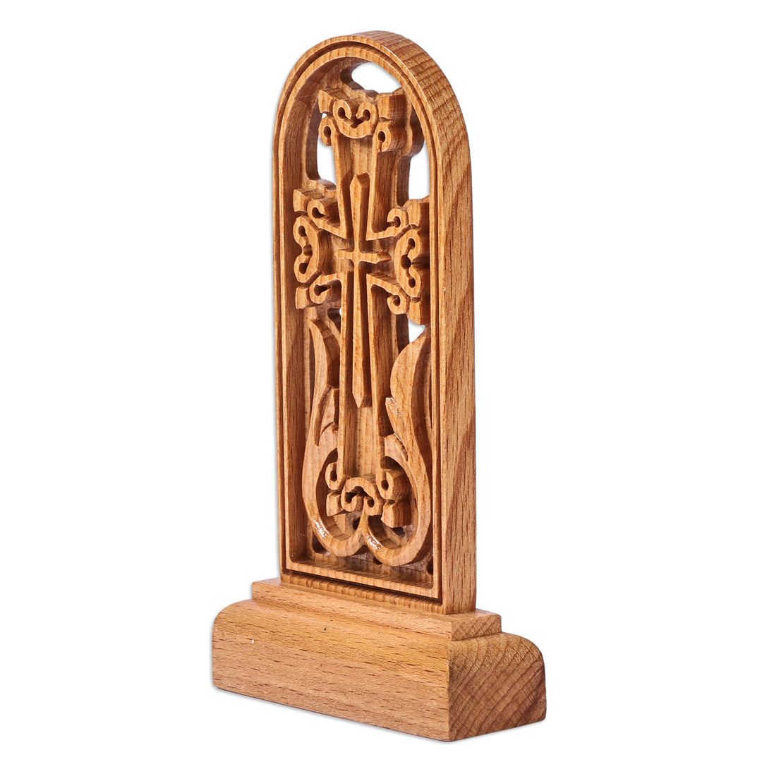 Hand-Carved Beech Wood Cross Sculpture from Armenia - Portal to Faith