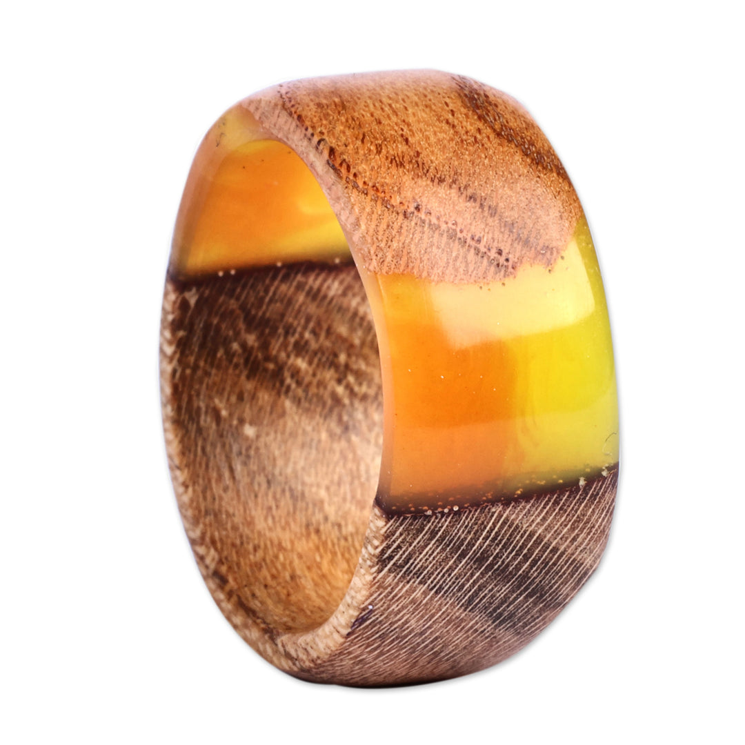 Hand-Carved Yellow Apricot Wood and Resin Band Ring - Chic Sunshine