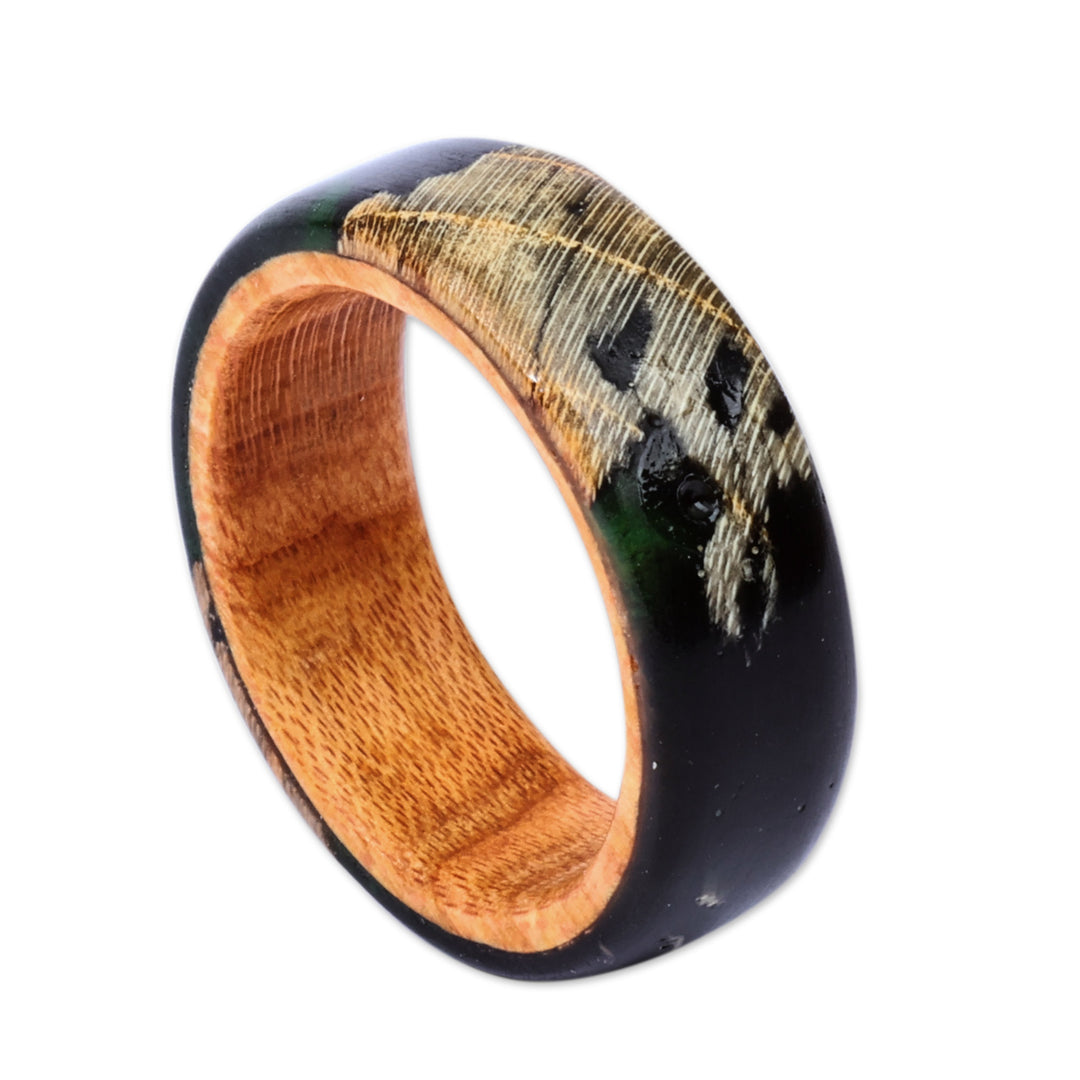 Hand-Carved Dark-Toned Apricot Wood and Resin Band Ring - Chic Darkness