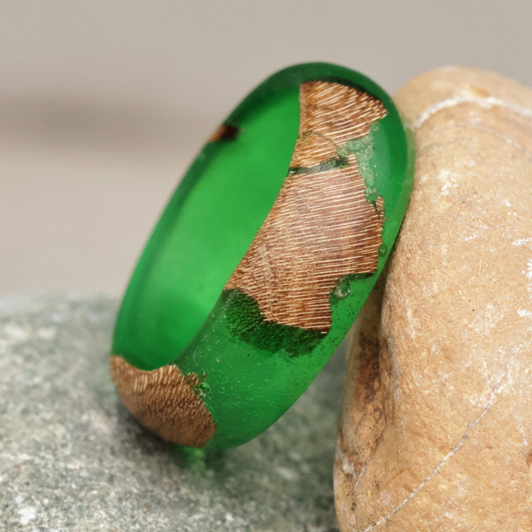 Handcrafted Apricot Wood and Resin Band Ring in Green - Chic Green