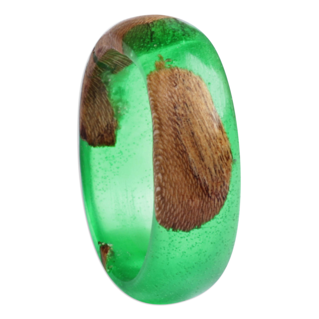 Handcrafted Apricot Wood and Resin Band Ring in Green - Chic Green