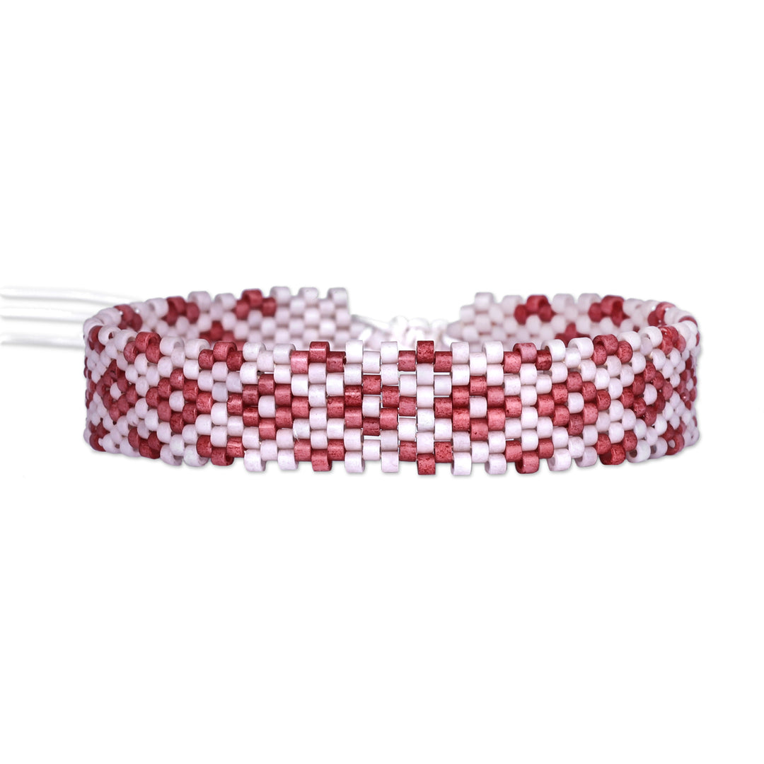 Artisan Handmade Floral Red Glass Beaded Wristband Bracelet - Romantic Bouquet