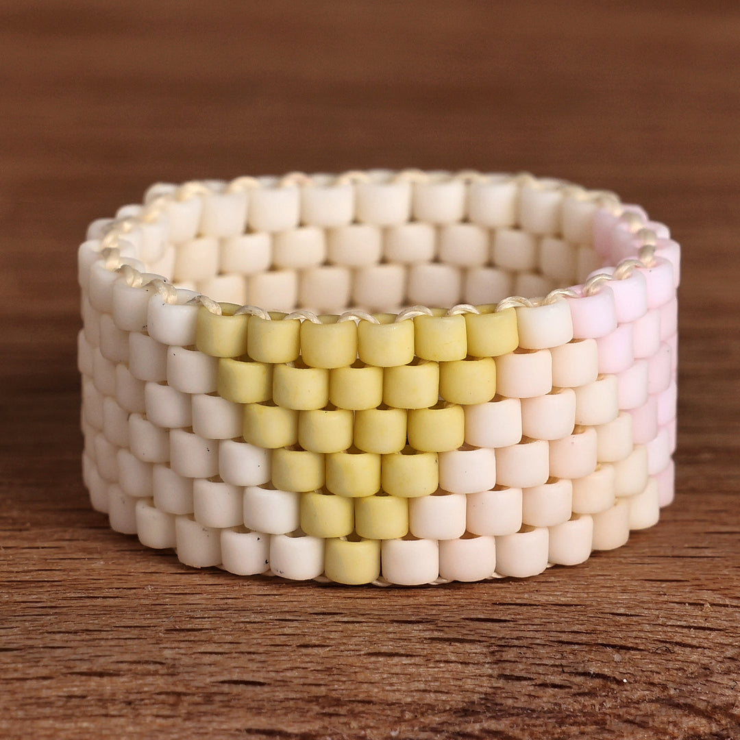 Geometric-Patterned Glass Beaded Band Ring in Pastel Hues - Pastel Pyramids
