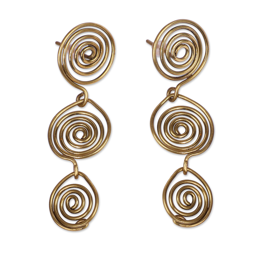 Armenian-Made Spiral-Themed Antiqued Brass Drop Earrings - Spiral Runway