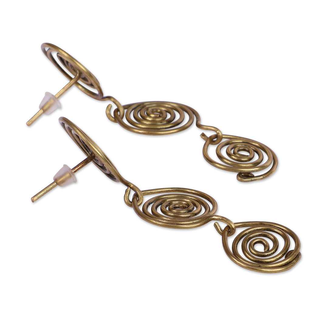Armenian-Made Spiral-Themed Antiqued Brass Drop Earrings - Spiral Runway
