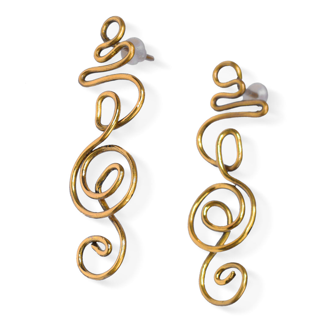 Modern Abstract Treble Clef Themed Brass Drop Earrings - Melody Spiral