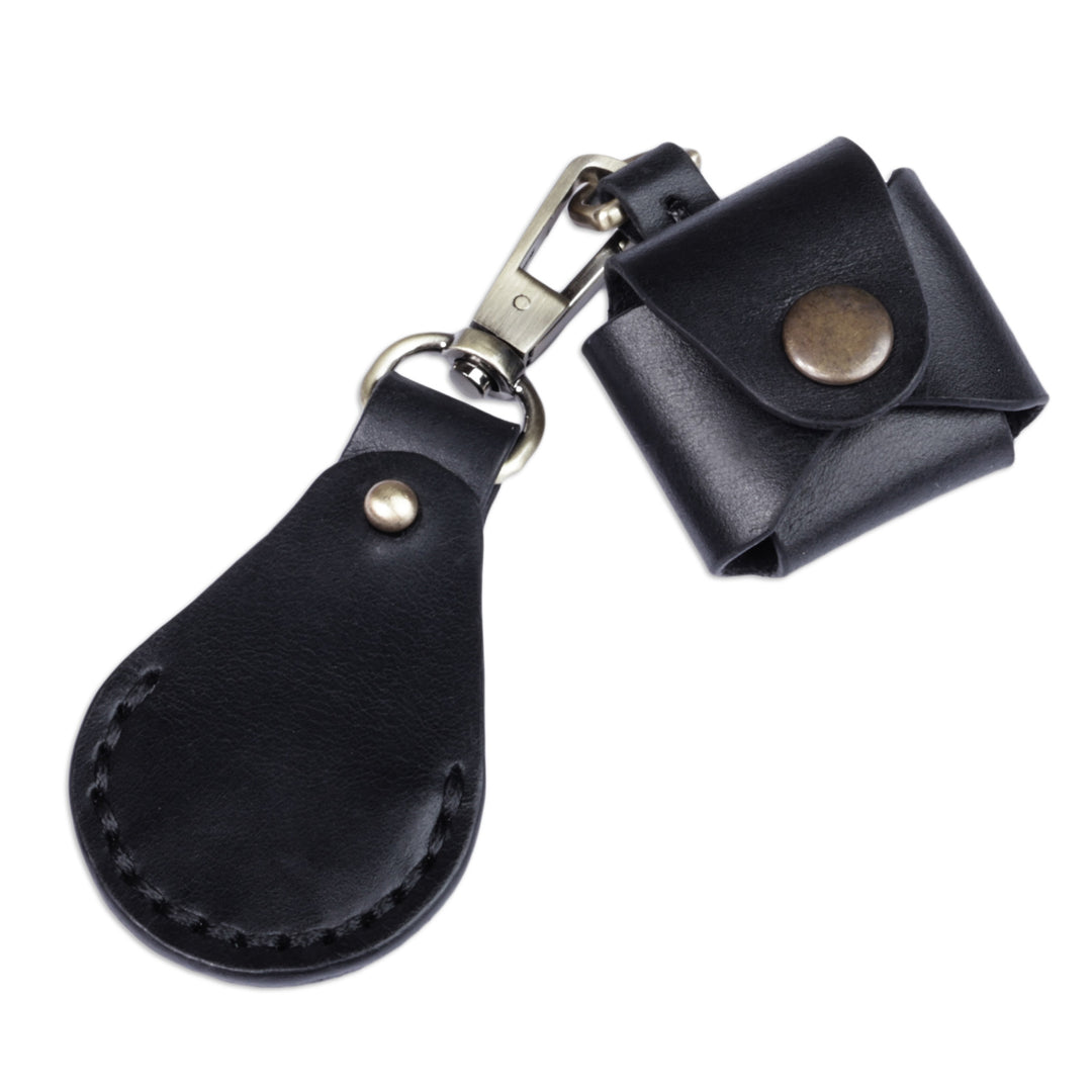 100% Black Leather Earbud Holder and Keychain Set - Lucky Melody in Black